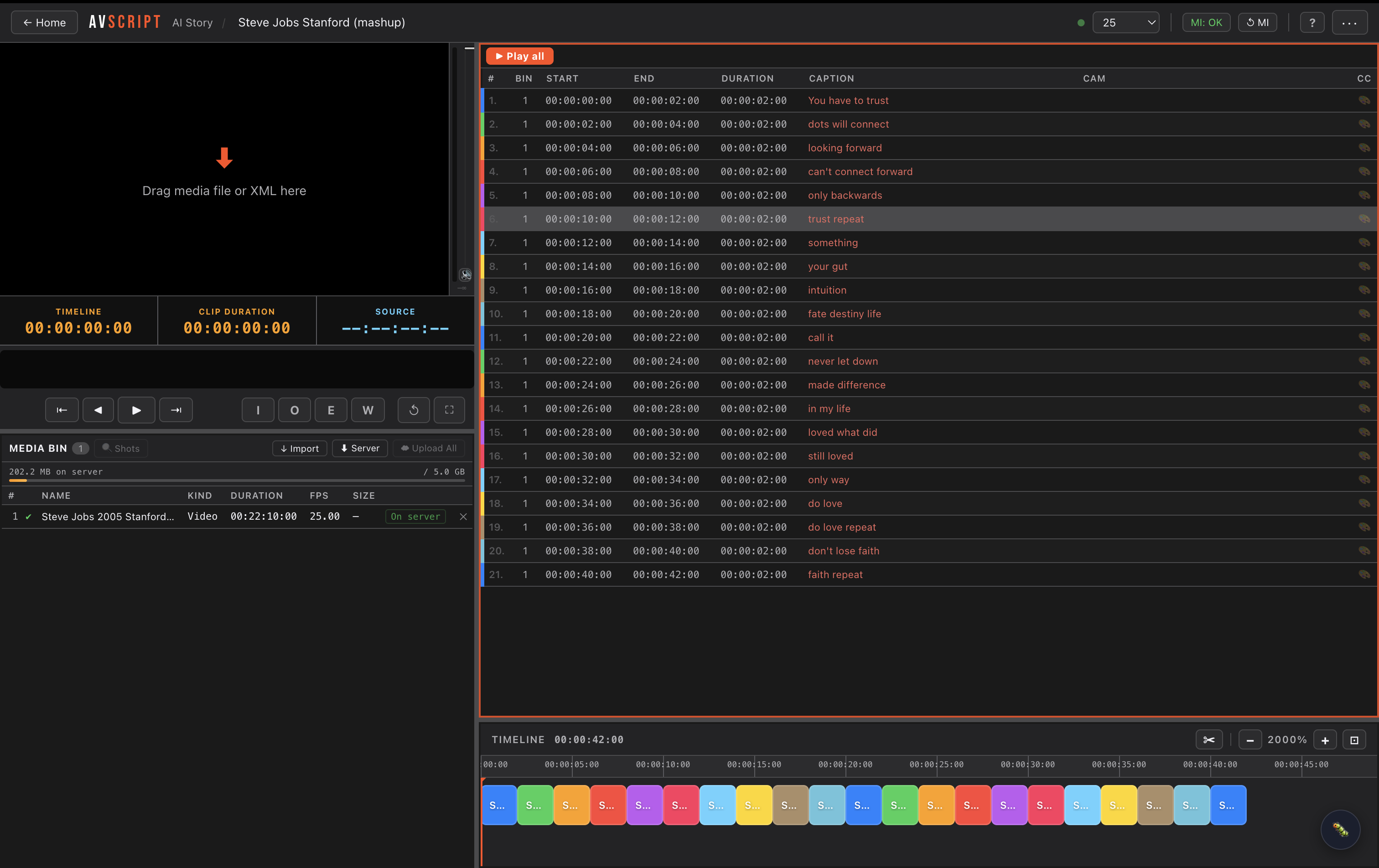 AVScript editor — Media Bin, Clip List, Timeline