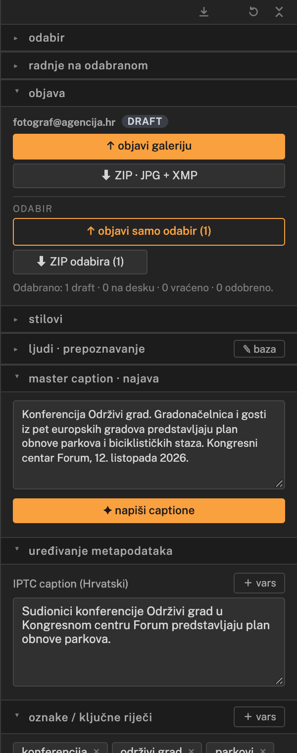 Panel master caption · najava s gumbom napiši captione