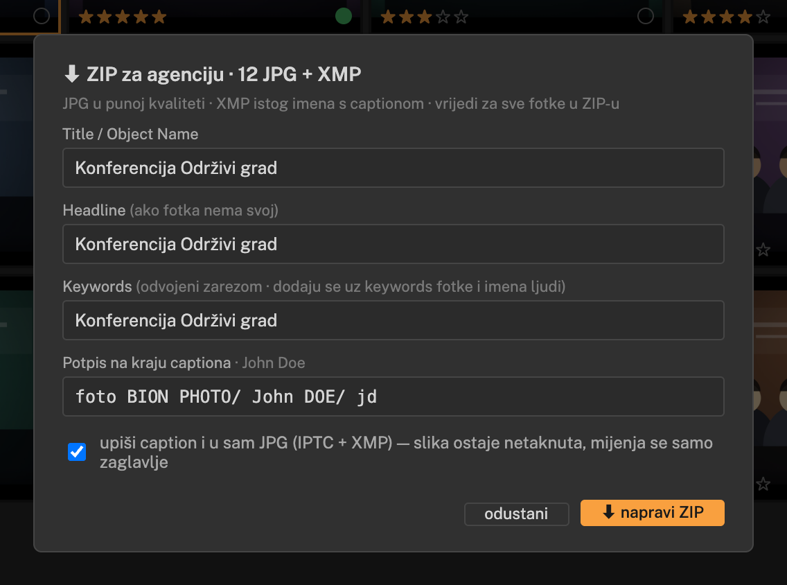 ZIP dijalog: Title, Headline, Keywords i potpis fotografa
